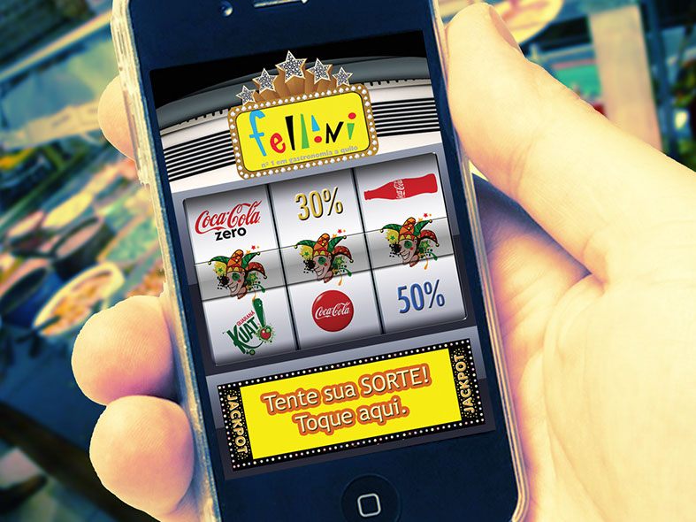 Aplicativo para celulares Jackpot do restaurante Fellini. UX design e desenvolvimento da FIltra Mídias.