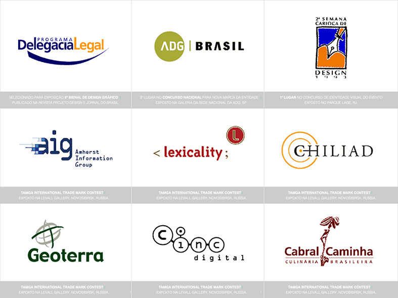 Logos premiados no Brasil e na Rússia: Delegaia Legal, ADG Brasil, 2ª Semana Carioca de Design, Amherst Information Group, Lexicality, Chiliad,